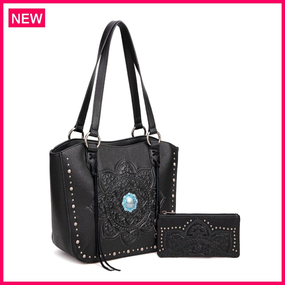 Western Tooling Tote Bag with Wallet Set, Studded Top Handle Shoulder Handbag